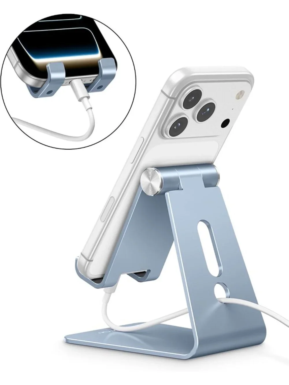 Adjustable Aluminum Cell Phone Stand, Anti-Slip Base, Convenient Charging Port